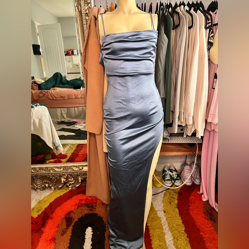 Windsor One-Shoulder Satin Gown in Slate Blue